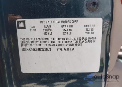 2001 Buick Lesabre Limited from USA, damaged, VIN 1G4HR54K61U223053